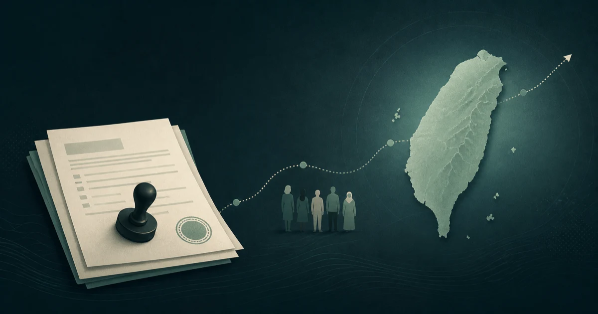 Application forms and people follow a dotted path towards the outline of Taiwan.