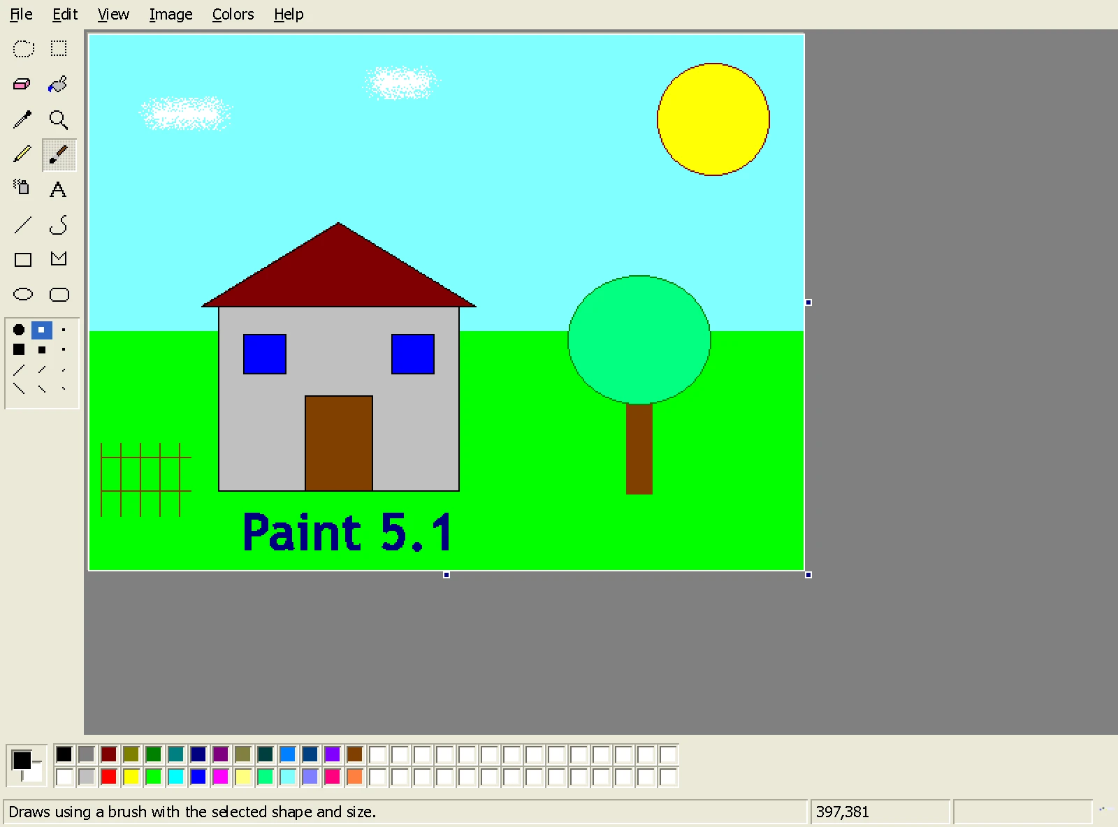 Paint 5.1 running, with the original toolbox, tool options, colour palette and status bar around a canvas holding a drawing of a house, a tree and a sun.